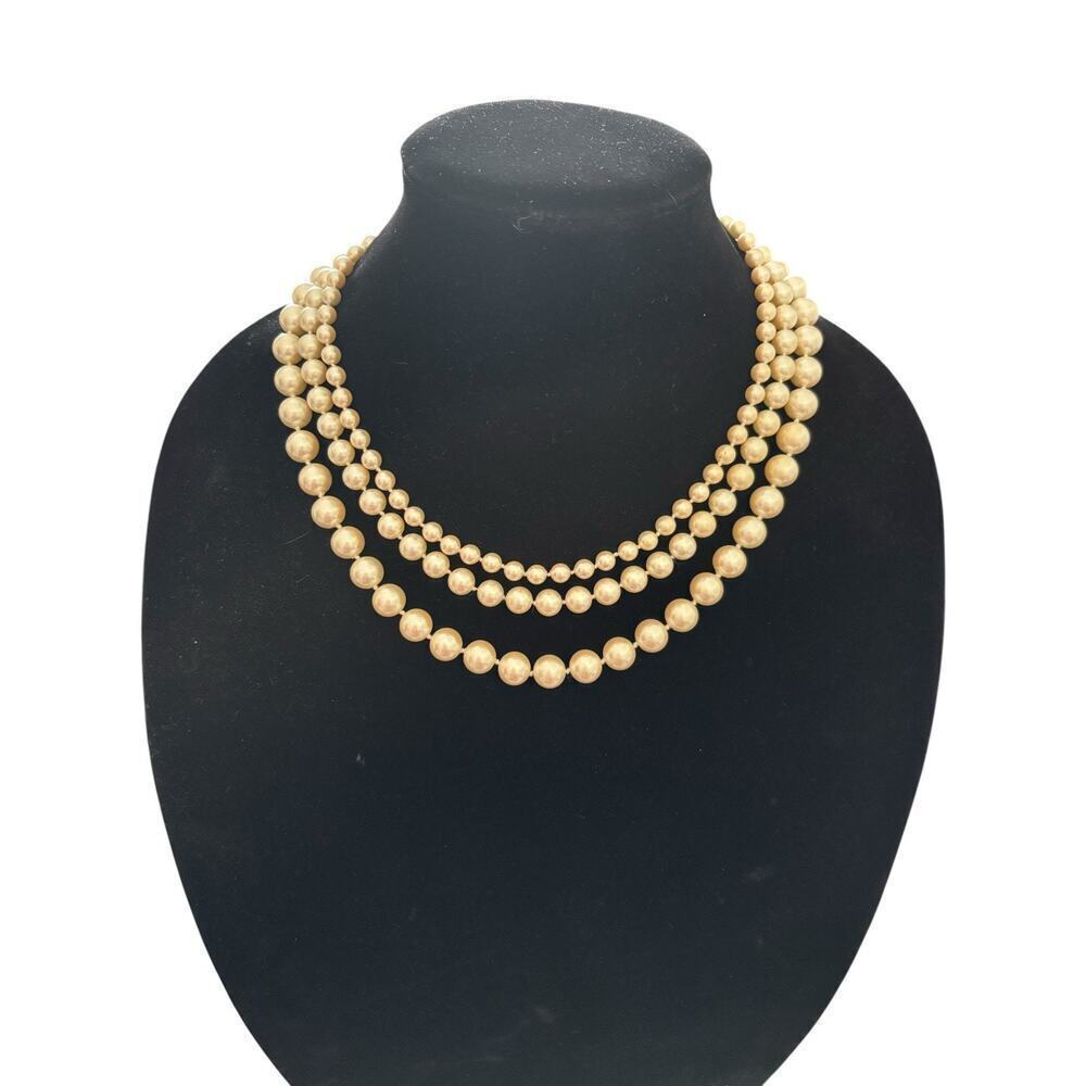 Christian Dior Triple Strand Faux Pearl Signed Gold tone Necklace Vintage 1980s